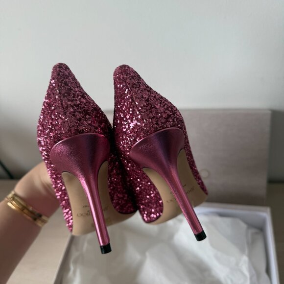 NWT Jimmy Choo Agnes Pumps Dragon Fruit Coarse Glitter Pointed Toe High Stiletto - Picture 11 of 13